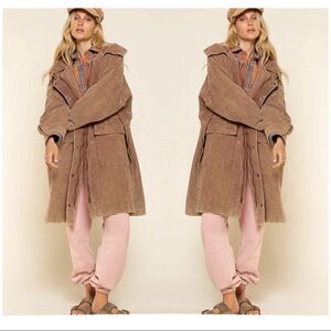 POL 𝅺corduroy Hooded Long Coat in Teddy Bear